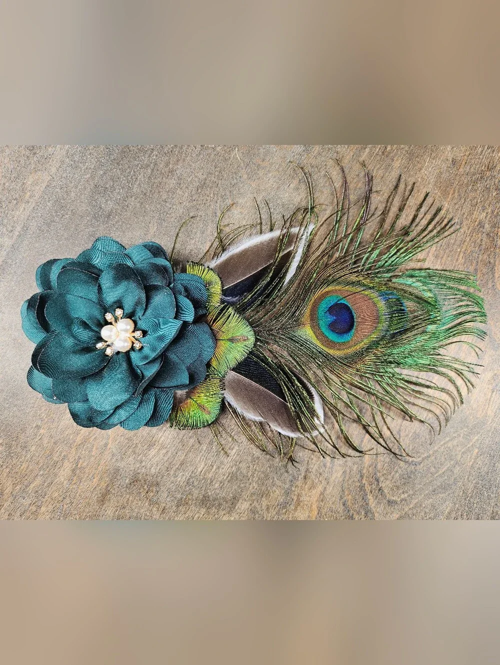 NEW Peacock feather Hat Pin Brooch W/ green satin flower, rhinestones and pearls